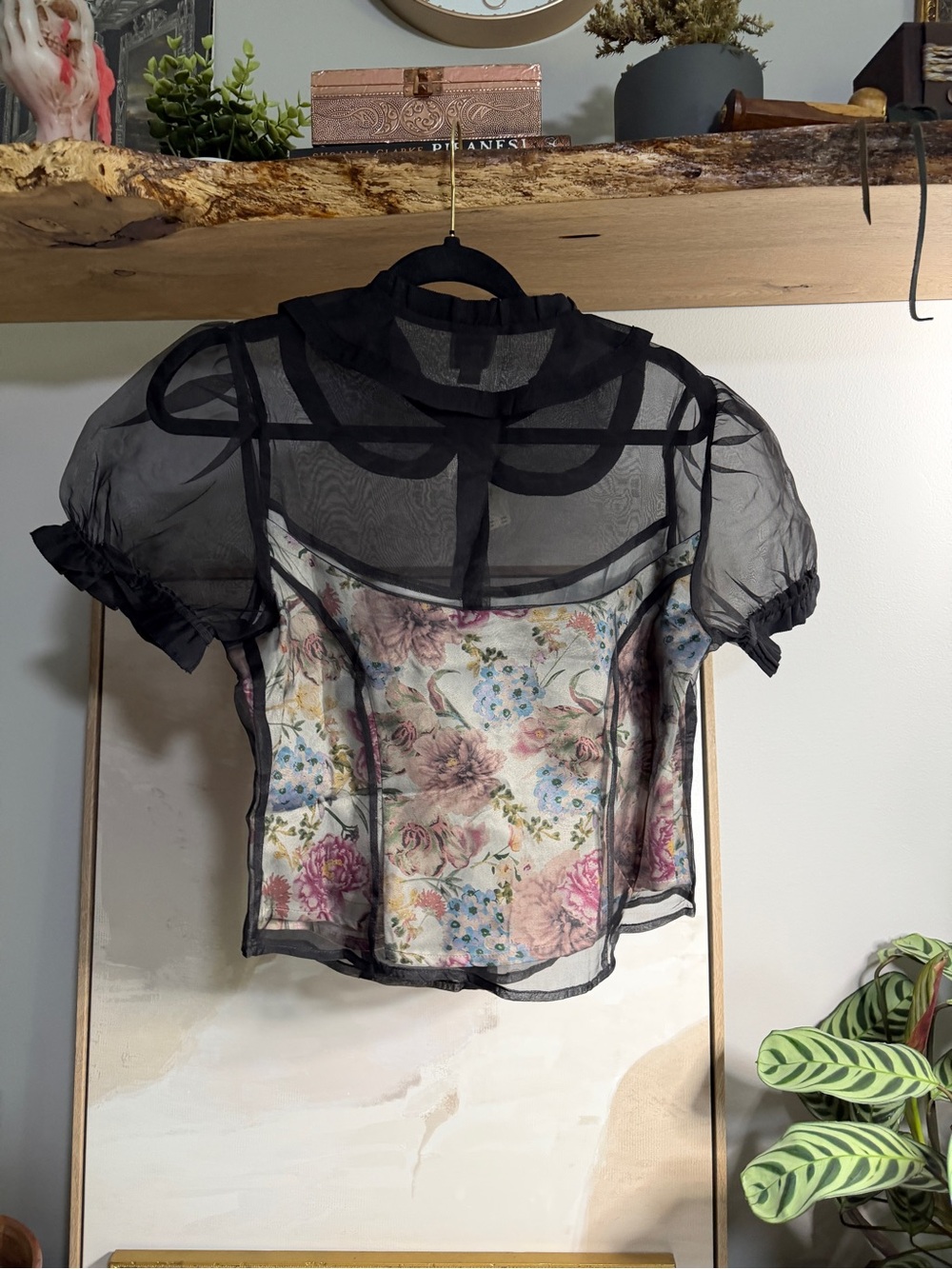 NWT Anthropologie Maeve Sheer Black Organza Blouse with Floral Lining - Picture 6 of 8
